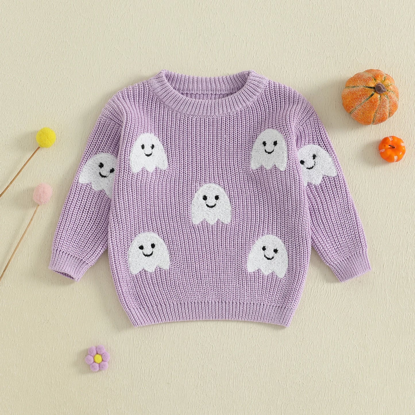 Kids Halloween Knit Sweater with Ghost Embroidery (0-4Y)