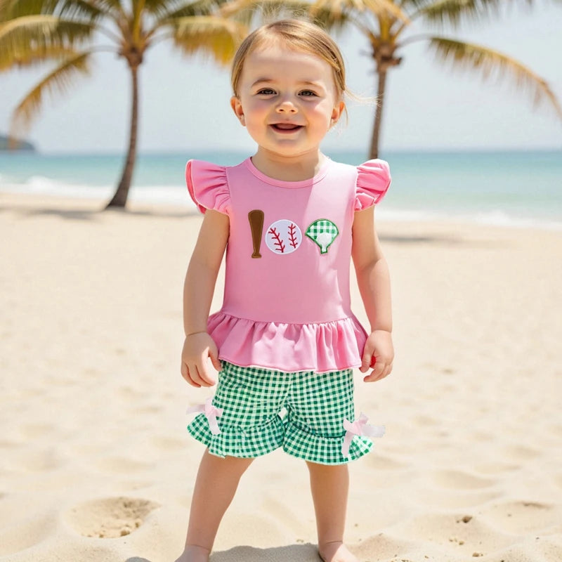 Baby Girls Summer Clothes Set - Baseball Embroidery Ruffle T-Shirt & Shorts