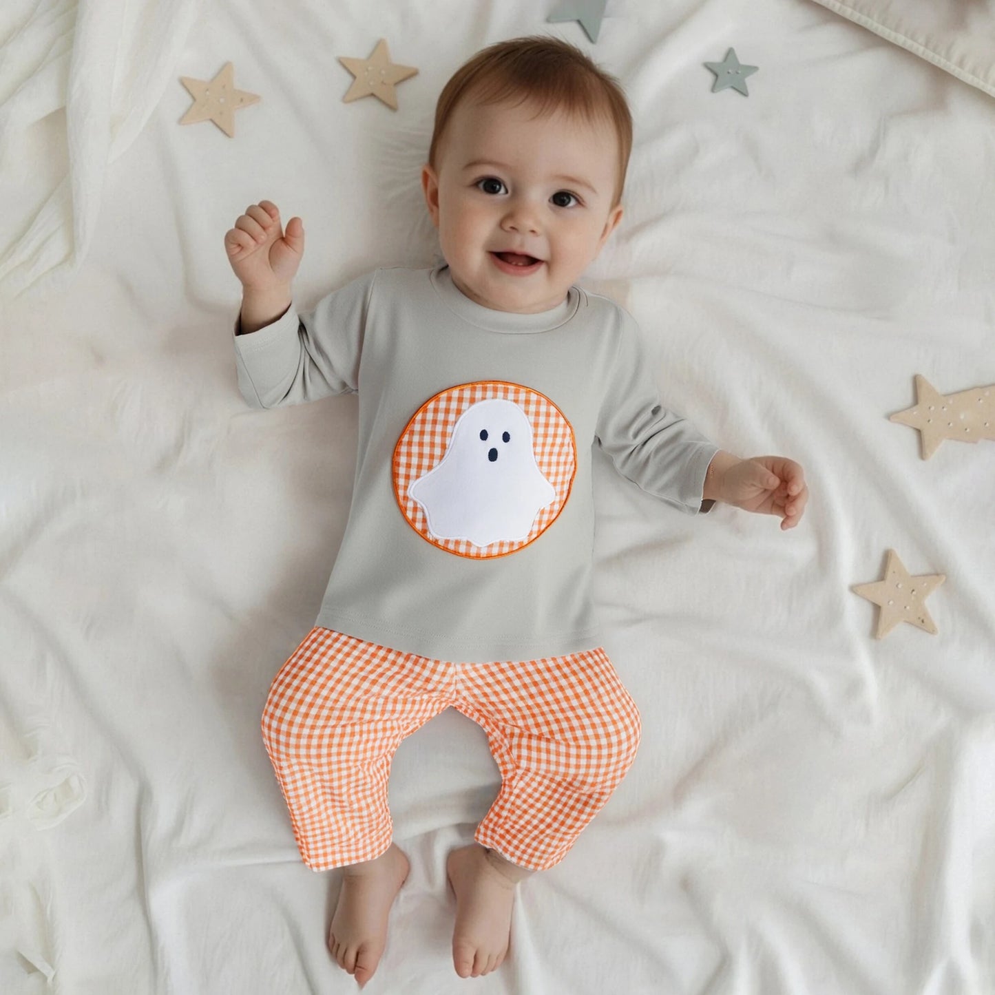 Toddler Boys Halloween Clothes Set - Ghost Embroidery Sweatshirt & Plaid Pants (0-4Y)