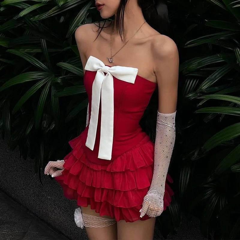 Women's Elegant Bow Detail Strapless Two Piece Set Outfit  Ruffle Red Top and Skirt Matching Set