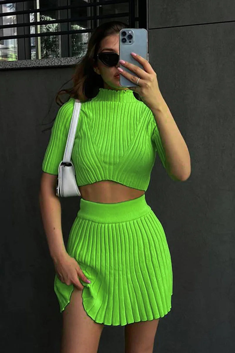 Women's Knitted Dress Sets Pleated Matching Set Outfit Mini Skirts 2 Piece Set