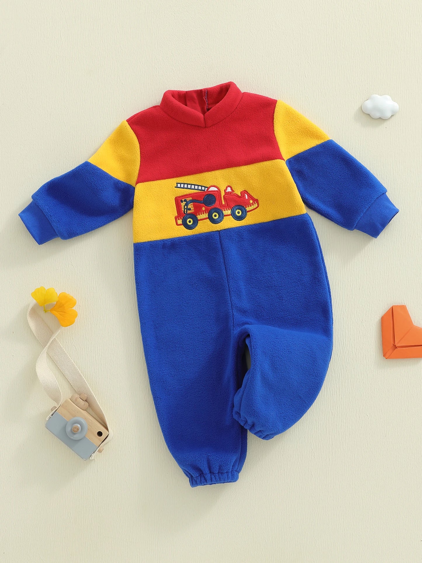 Infant Baby Boys Fall Winter Fleece Romper - Contrast Color Truck Embroidery Mock Neck Jumpsuit