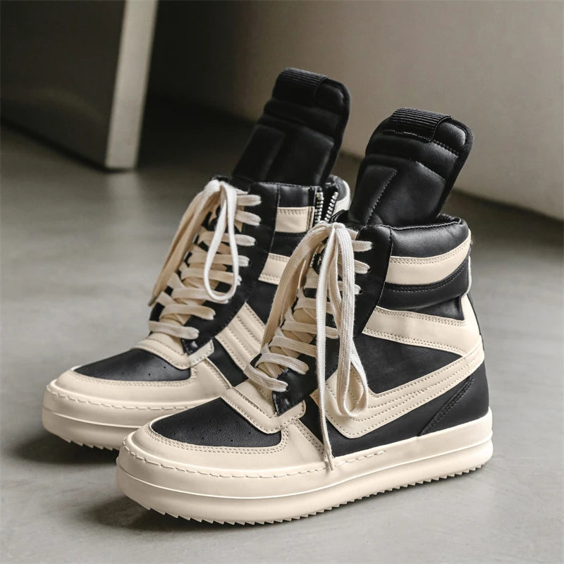 Men's High-Top Leather Sneakers - Lace-Up Ankle Boots