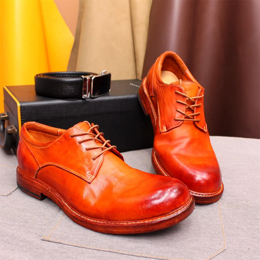 Men's Handmade Goodyear Sewn Comfortable Derby Formal Soft Leather Genuine Leather Round Toe Non-slip Casual Shoes