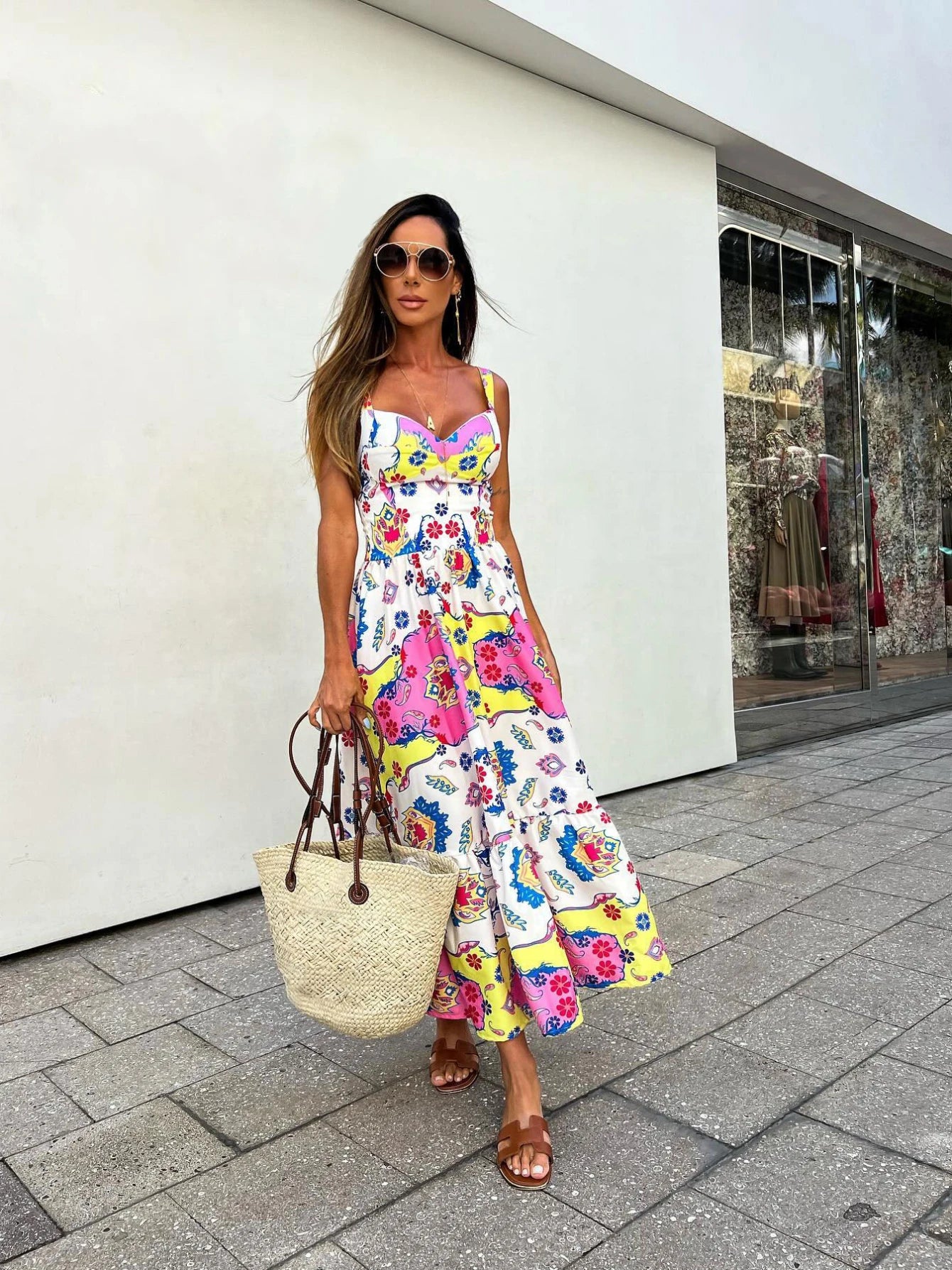 Women's Floral Printed  Elegant Sleeveless Long Lace Up Robe Summer Bodycon Dress