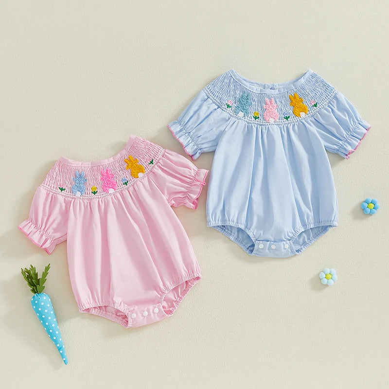 Baby Girls Easter Romper - Ruffled Sleeve Rabbit Embroidery Smocked Jumpsuit