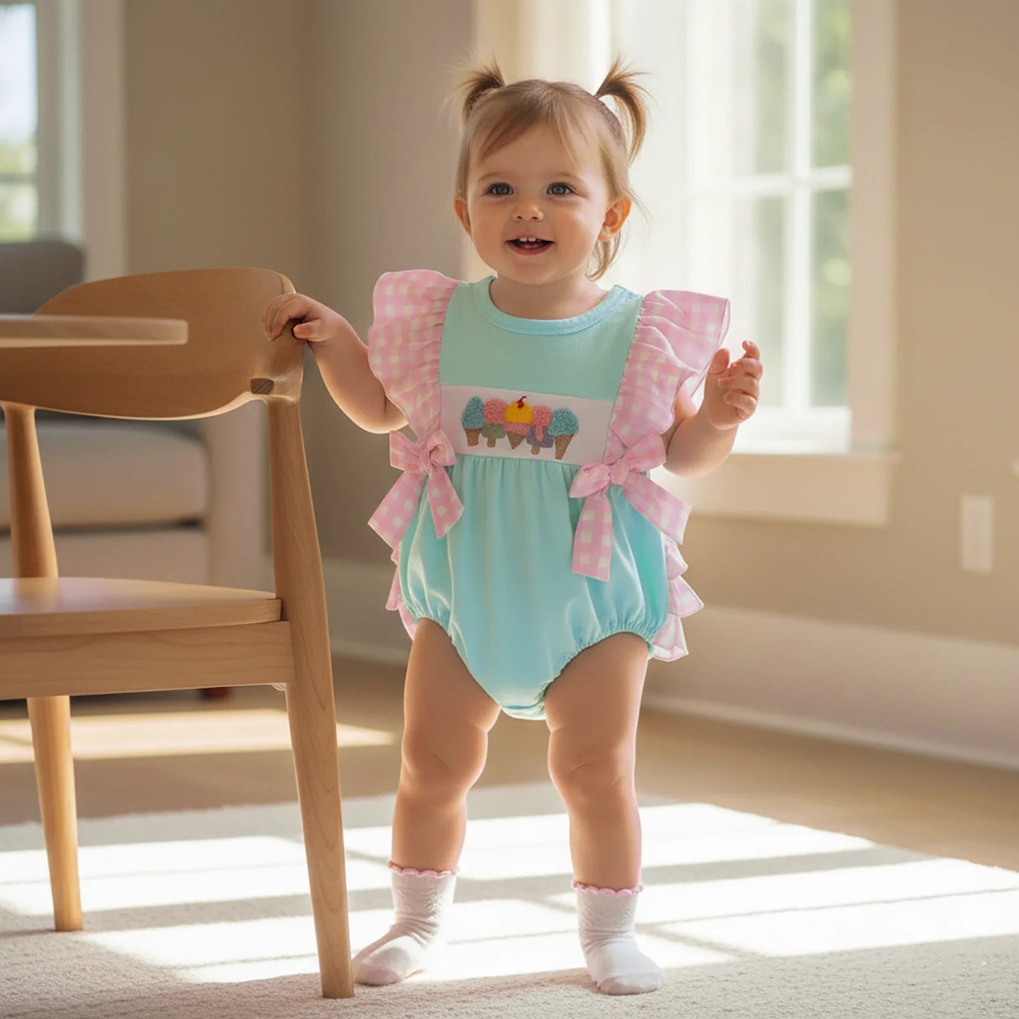Baby Summer Romper - Plaid Flutter Sleeve Ice Cream Embroidery Jumpsuit
