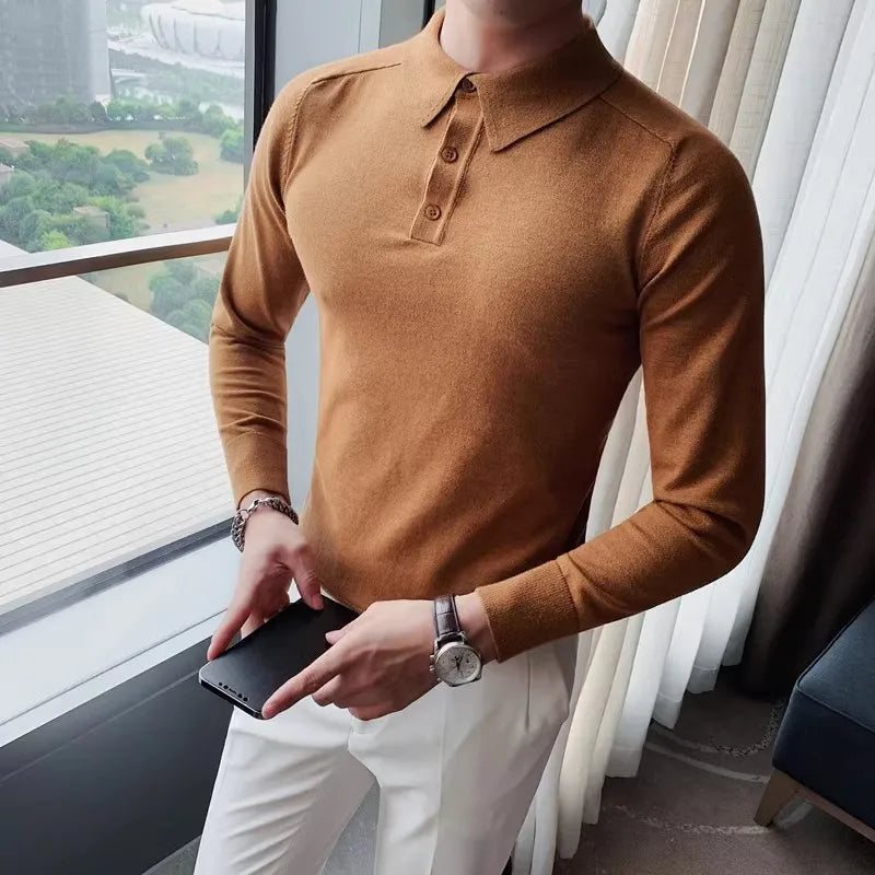 Slim Fit Knitted Polo Shirt - Long Sleeve Solid Turn Down Collar