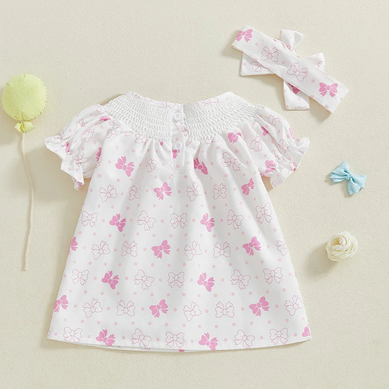 Baby Girls Summer Dress Set - Puff Sleeve Heart & Bow Embroidery with Headband