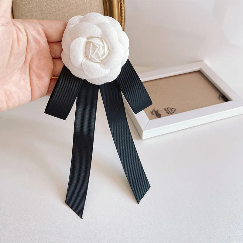 Vintage Camellia Flower Brooch with Lace Bow Tie