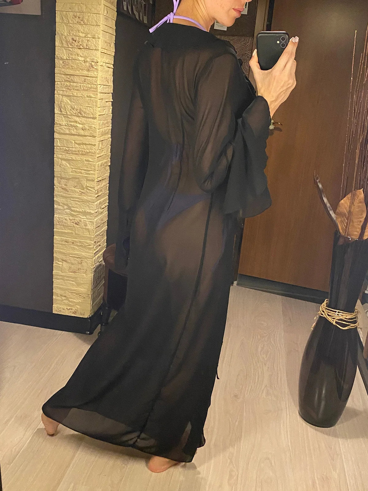 V Neck Ruffled Long Sleeve Chiffon Beach Cover Up Dress