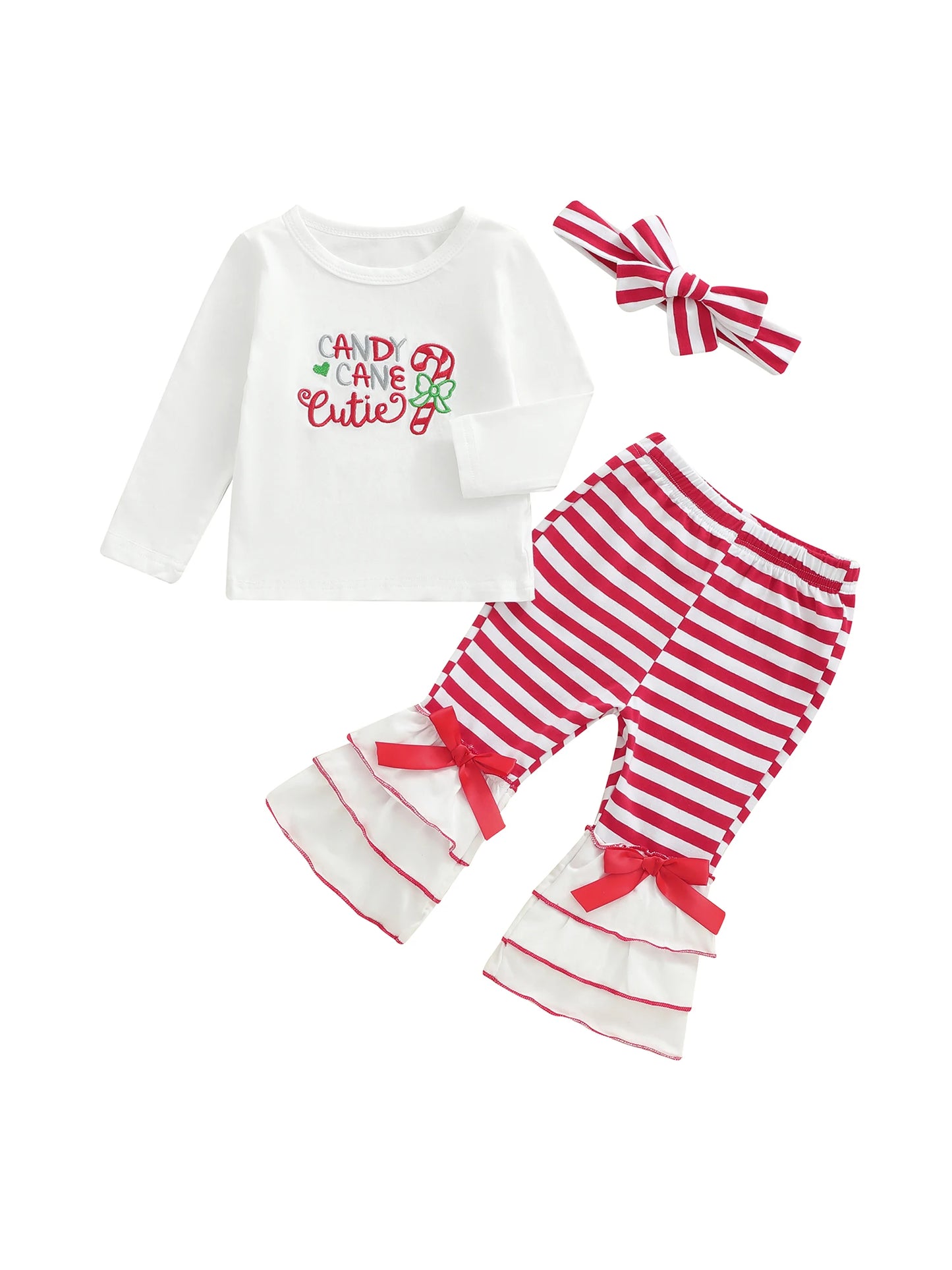 Baby Girls Christmas Outfit Set - Candy Cane Embroidery Long Sleeve Top, Flared Pants & Headband (0-3Y)