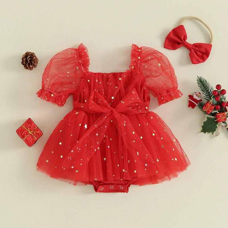 0-18M Infant Baby Girls Christmas Romper Dress 2pcs - Short Puff Sleeve Star Lace Mesh Tulle Jumpsuits and Headband