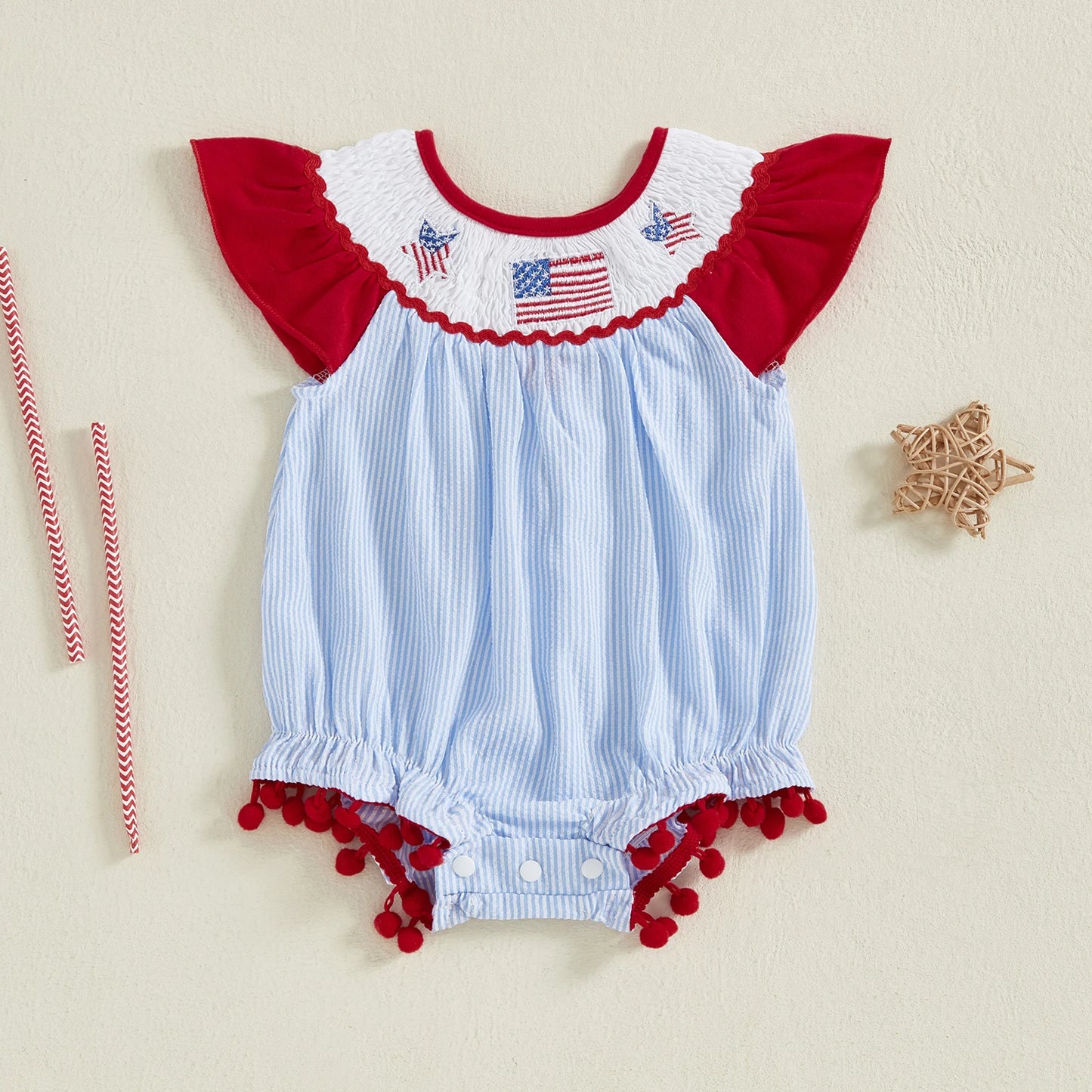 Baby Girls Summer Romper - Ruffles Tassel Flutter Sleeve Striped Flag Embroidery (0-18M)