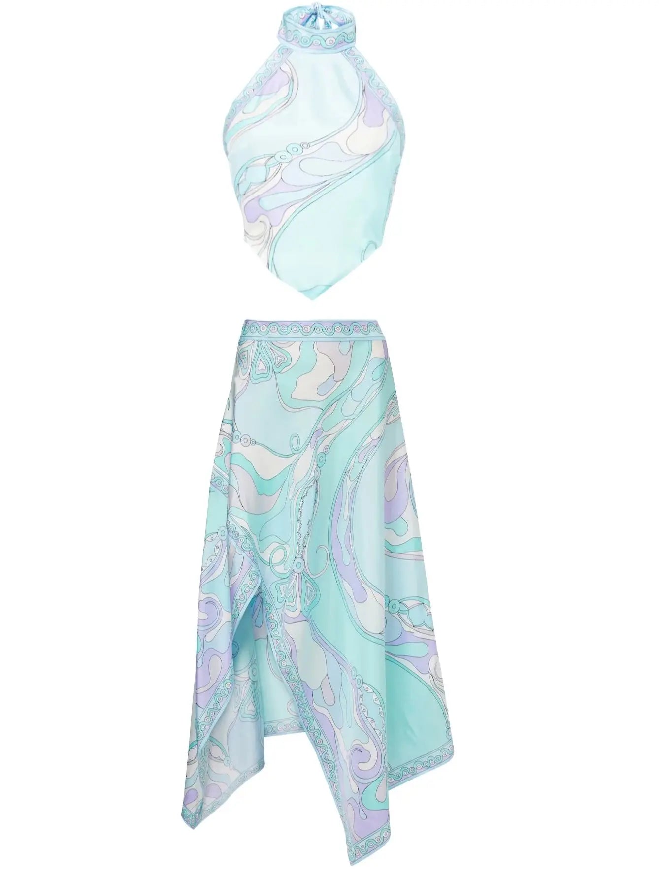 Women's Print Two Piece Skirt  Halter Beach Dress  Bra High Waist A-line Long Skirt Suit Summer  Set