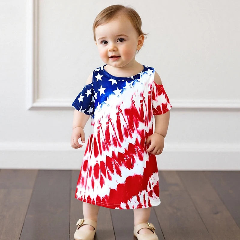 1-8Y  Kids Girls USA Flag Star Tie-Dye Print Short Sleeve Casual Summer Dress