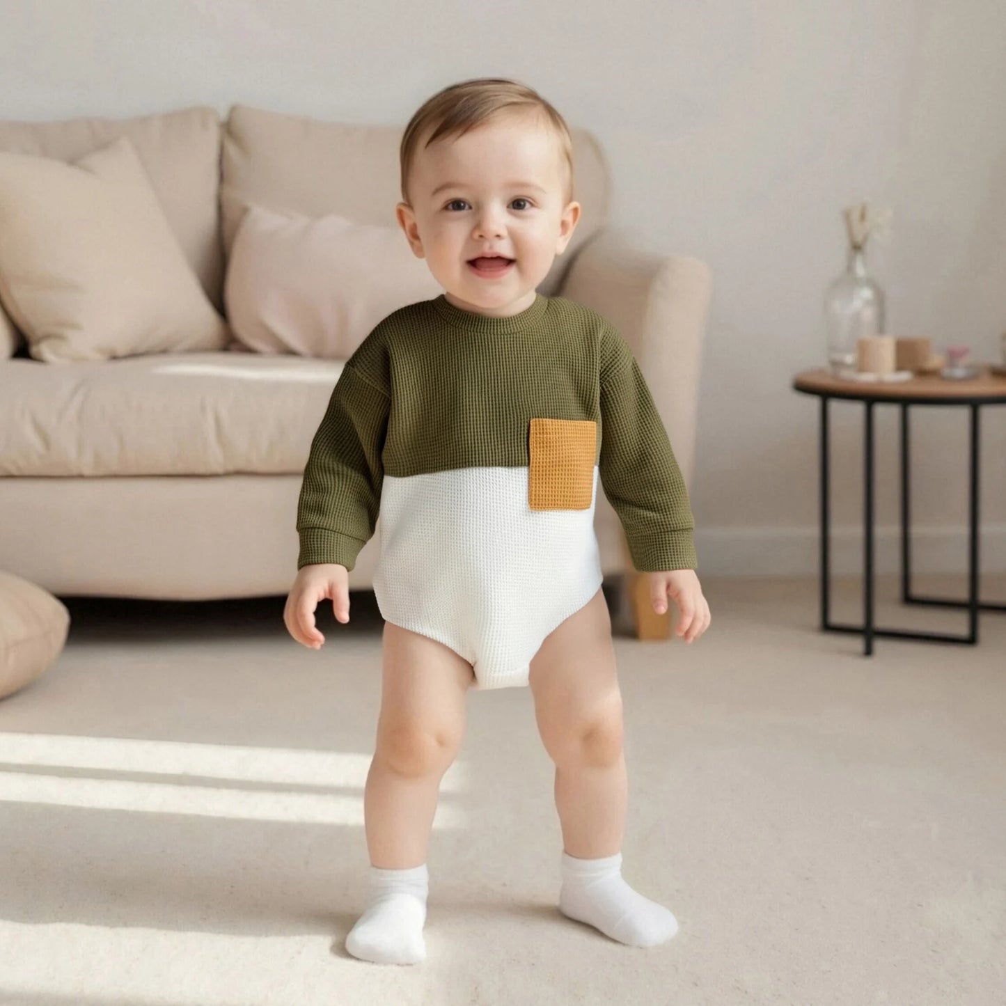 Baby Boys Bubble Romper - Contrast Color Long Sleeve Jumpsuit for Autumn Winter (0-18M)