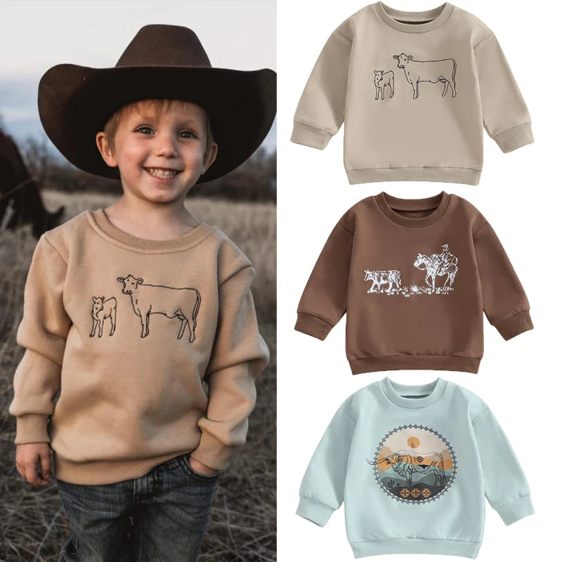 0-4Y Autumn Infant Baby Boys Girls Western T Shirts Cow Cattle Print Long Sleeve Pullover Sweatshirt Top