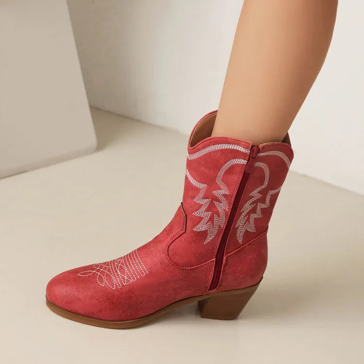 Totem Embroidered Ankle Boots - Pointed Toe Chelsea Boots with 6cm Wedge Heel