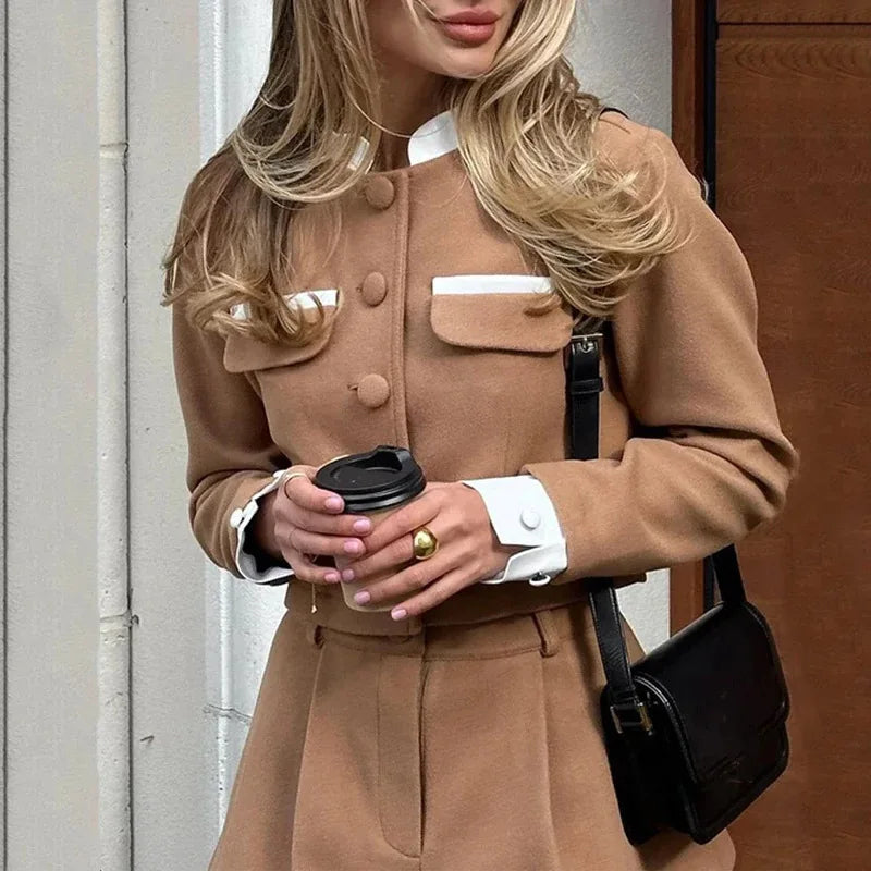 Women's  Long Sleeve Single Breasted Jacket Tweed Shorts Skirt Two Piece Set