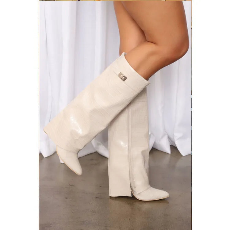 Women's Wedge Leather Mid-Calf Boots - 10cm Heel Metal Buckle Boots