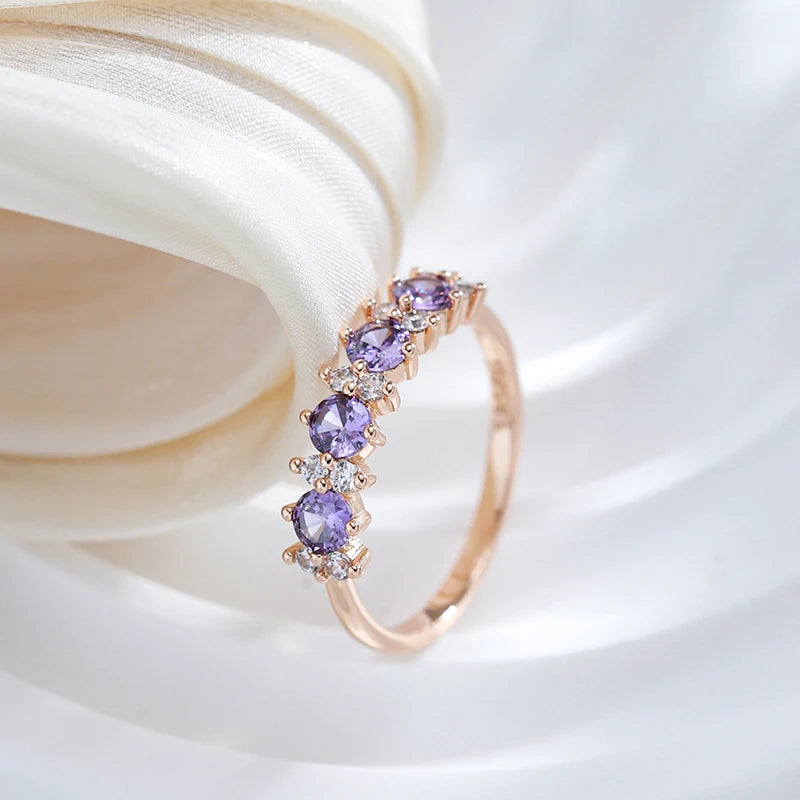 Women 585 Rose Gold Colour Round Matching Wedding Band Sparkling Purple Natural Zircon Ring