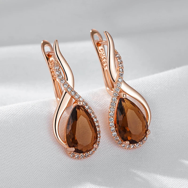 Light Brown Natural Zircon English Earrings for Women Water Droplets 585 Rose Gold Colour