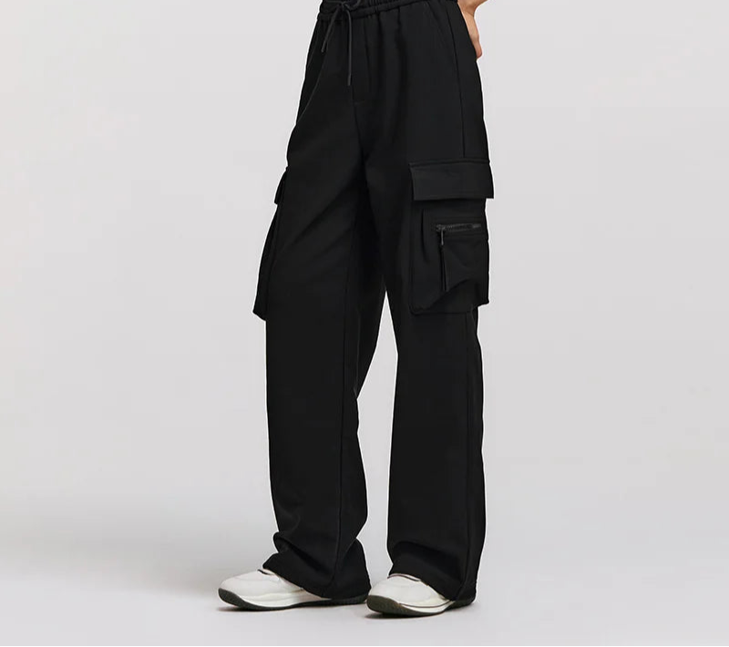 Winter Women's Fleece Wide Leg Pants - Black Cargo Streetwear Casual