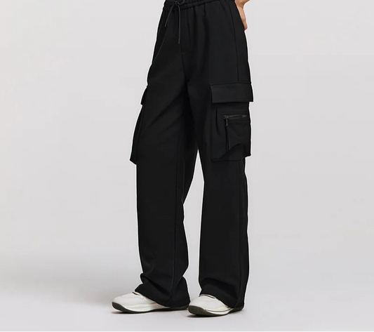 Winter Women's Fleece Wide Leg Pants - Black Cargo Streetwear Casual