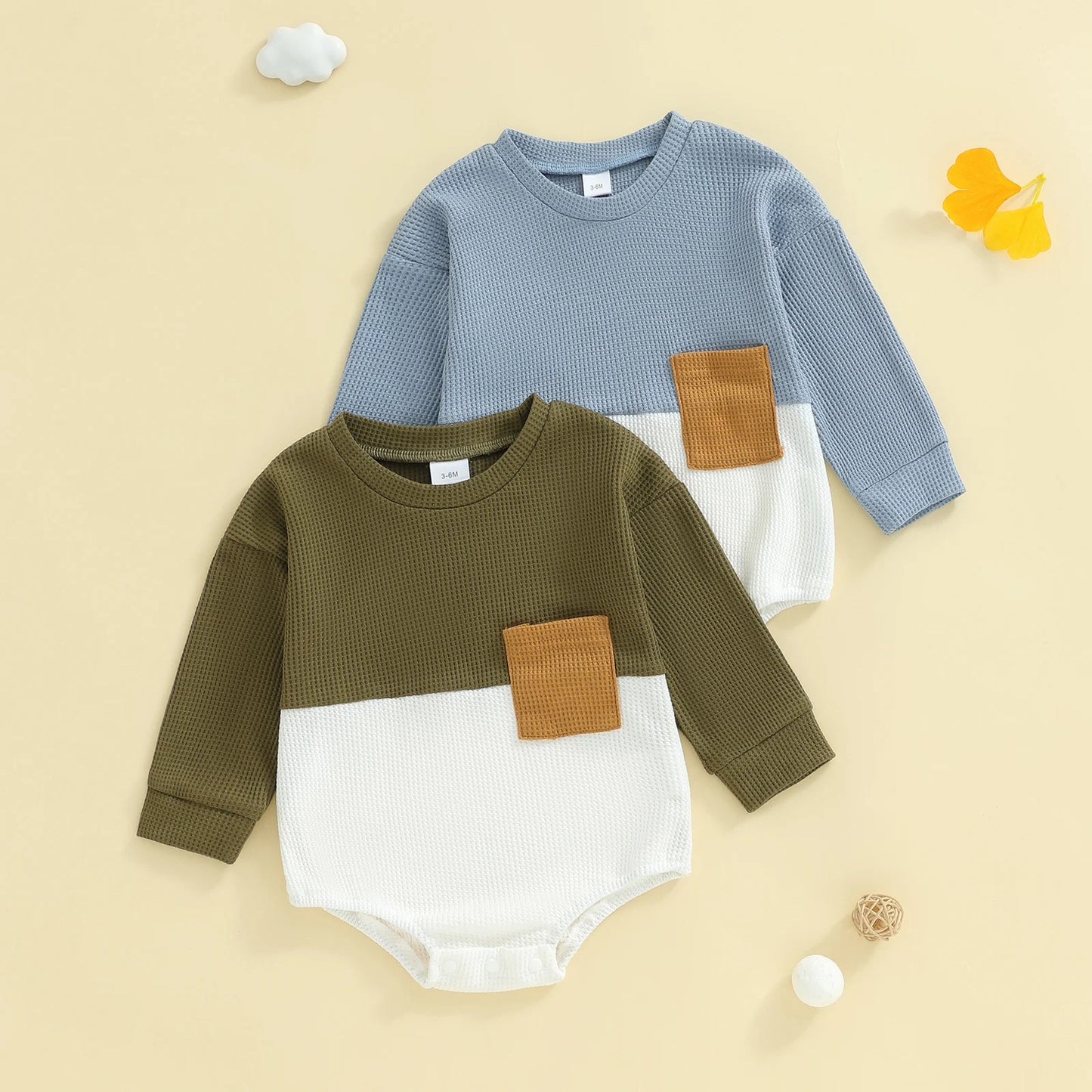 Baby Boys Bubble Romper - Contrast Color Long Sleeve Jumpsuit for Autumn Winter (0-18M)