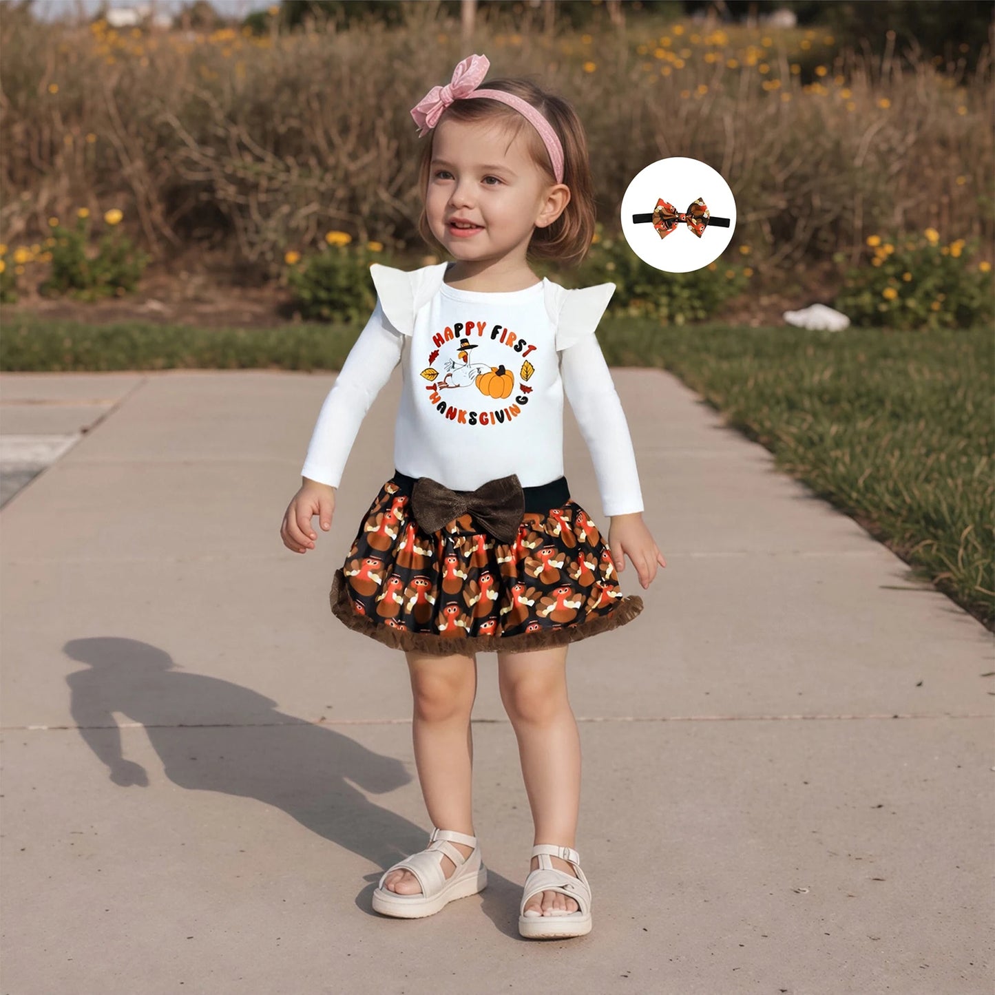 Baby Girls Thanksgiving Outfit Set - 3-Piece Long Sleeve Romper, Mini Skirt & Headband