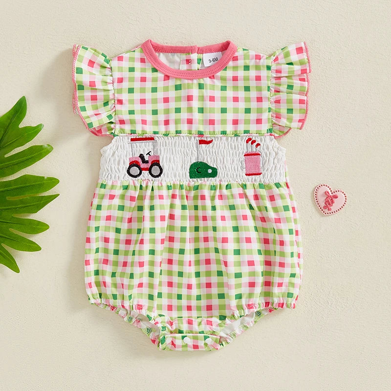 Baby Girls Car Embroidery Romper - Ruffles Fly Sleeve Smocked Jumpsuit (0-18M)