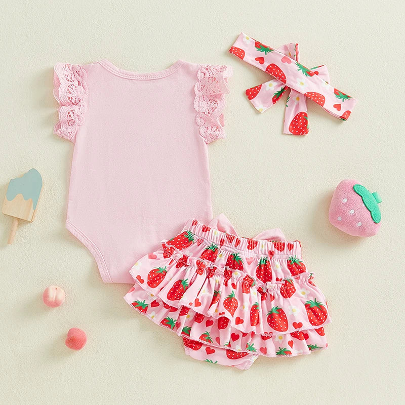 0-18M Baby Girls Summer Clothes Sets Flying Sleeves Letter Fruit Print Romper Tiered Ruffled Shorts with Headband