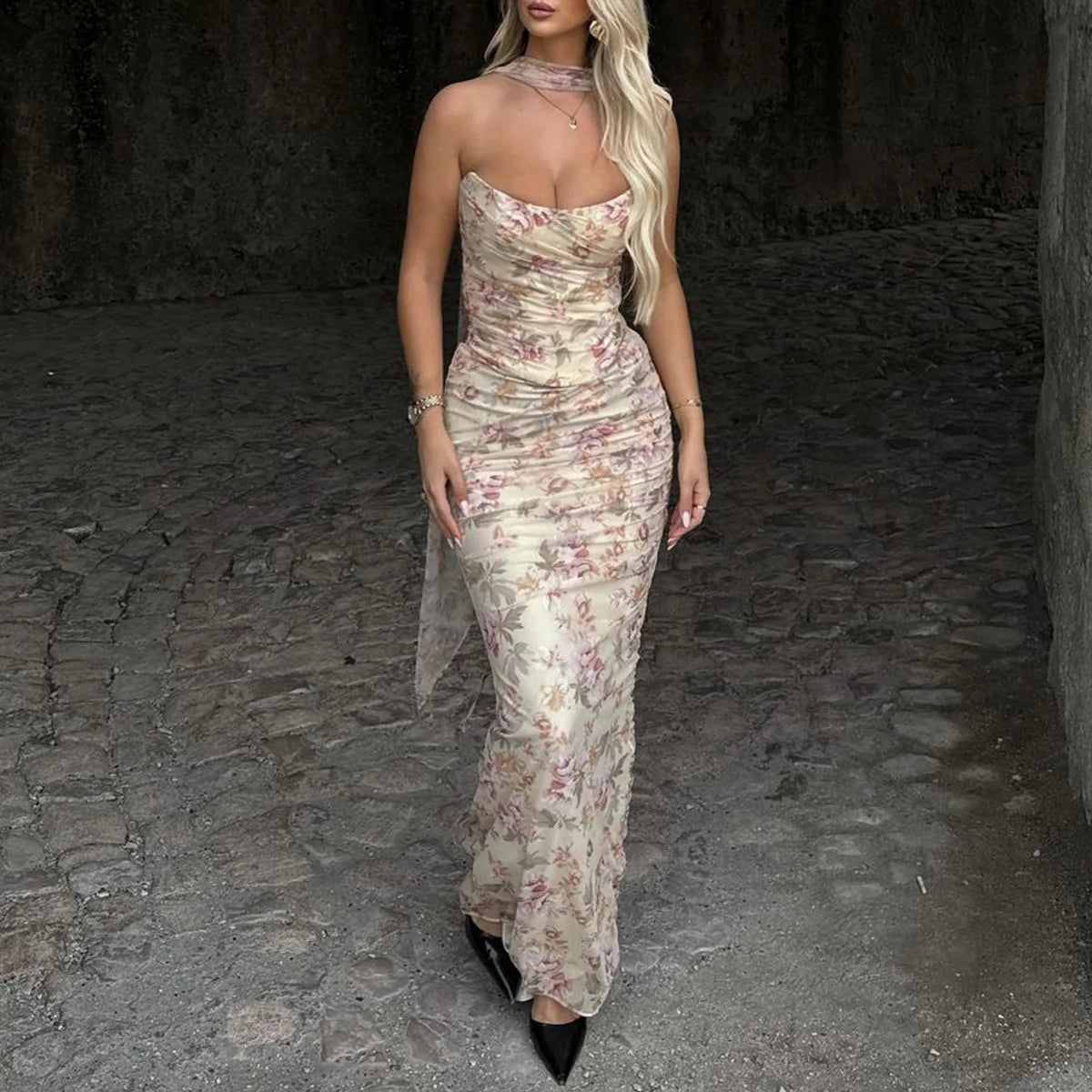 Women's Elegant Floral Print Dress Sets 2 Pieces Outfit Strapless Mesh Corset Top and Skirt Matching Set