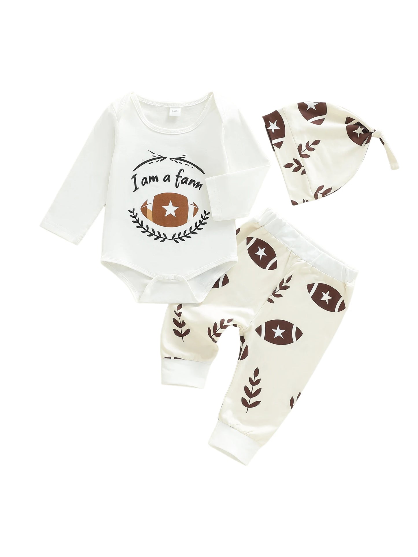 Baby Boys Autumn Winter Clothes Set - Letter Print Long Sleeve Romper, Football Leaf Pants & Hat