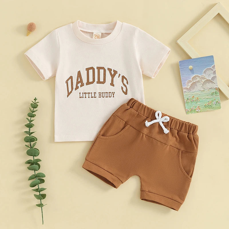 0-3Y Toddler Baby Boy Summer Clothes Set- 2pcs Letter Print Short Sleeve T-Shirt with Elastic Waist Solid Colour Shorts