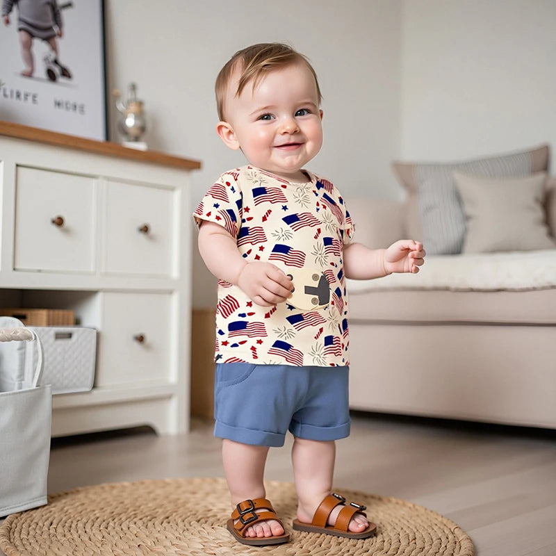 0-3Y Infant Baby Boys American Flag Clothes Sets Short Sleeve Flag Print T Shirts Drawstring Shorts Set