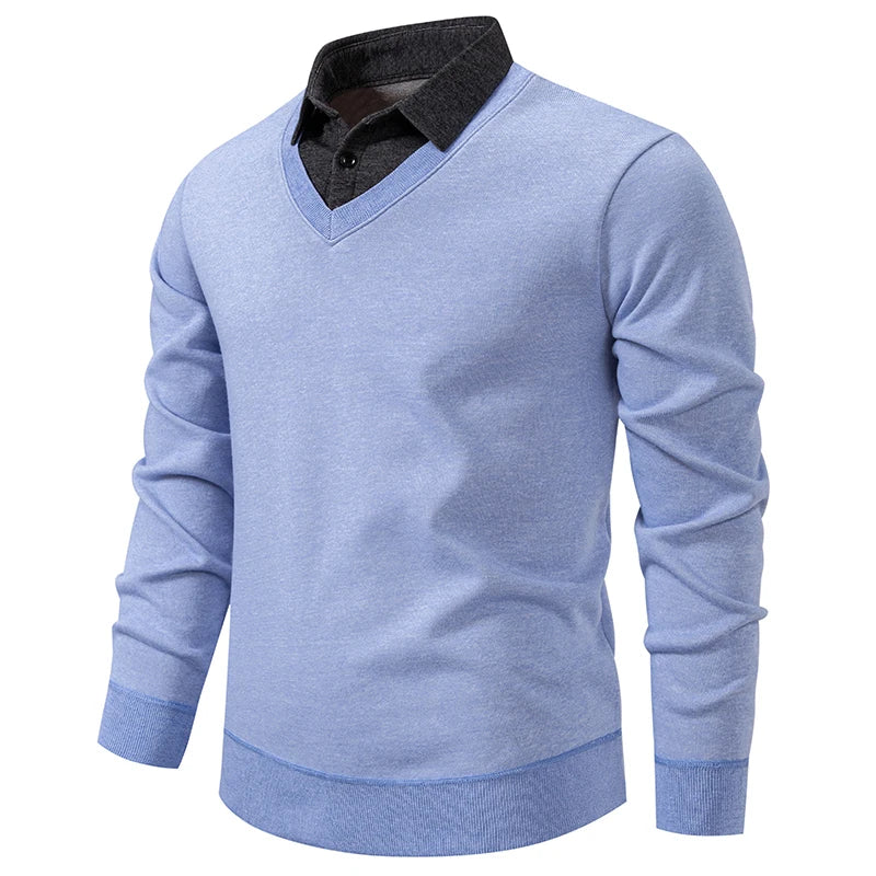 Men's Fake Two-Piece Knitted Pullover - Slim Fit Turn Down Collar Sweater