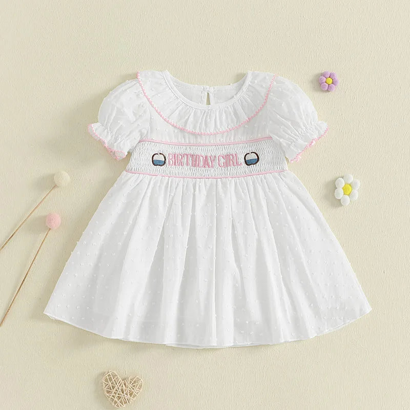 0-4Y  Kids Girls Birthday Dress 2 Style Short Sleeve Cake Embroidery Smocked Dress Summer A-Line Dress