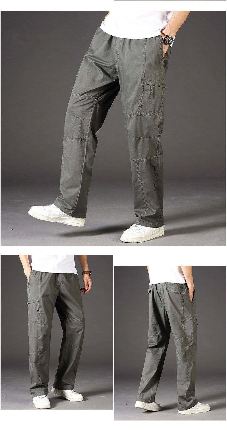 Men's Cotton Cargo Pants - Spring Autumn Multi-Pocket Drawstring Trousers