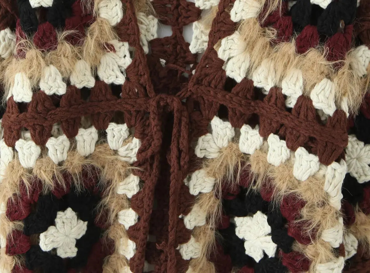 Boho Plaid Handmade Crochet Cardigan - Long Sleeve Lace Up Autumn Sweater