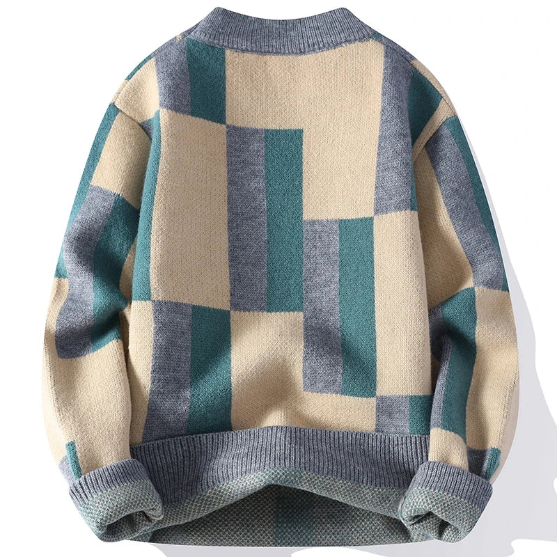 Men's Mock Neck Plaid Knitted Pullover Sweater