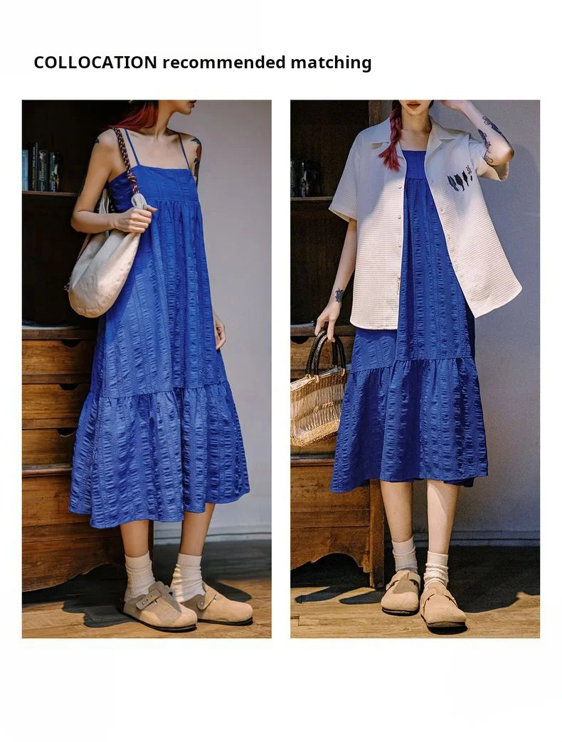 Women's Blue Seersucker Sleeveless A-Line Beach Dress - Summer Vacation Strappy Slip Dress