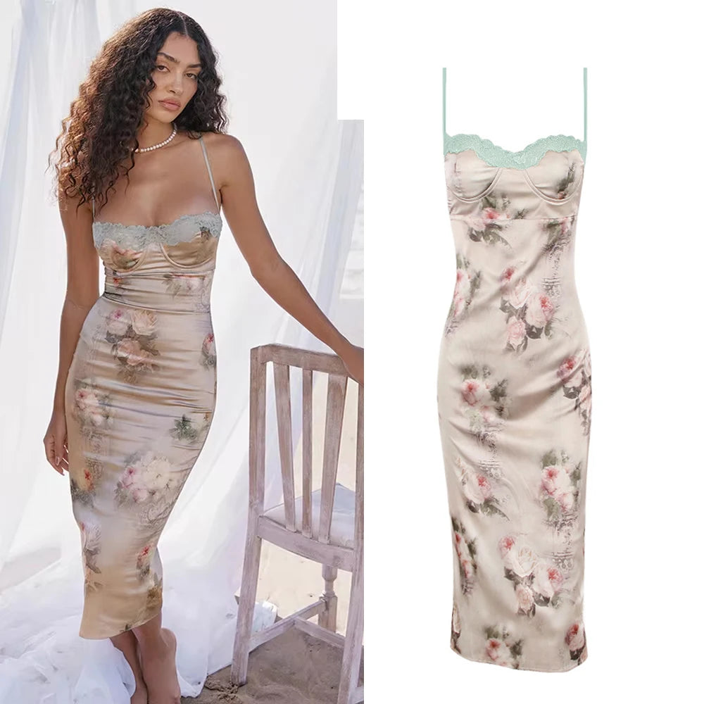 Women's Floral Print Spaghetti Strap Maxi Dress