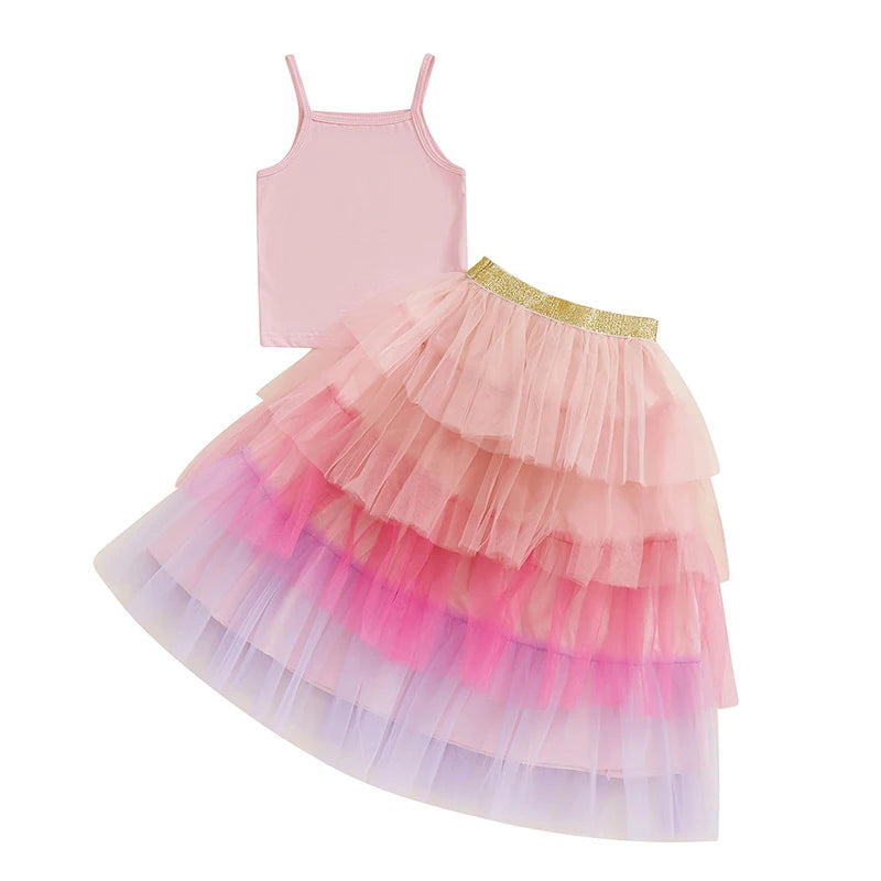2-7Y  Kids Girls Summer Clothes Sets Sleeveless Camisole with Rainbow Lace Tulle Skirt