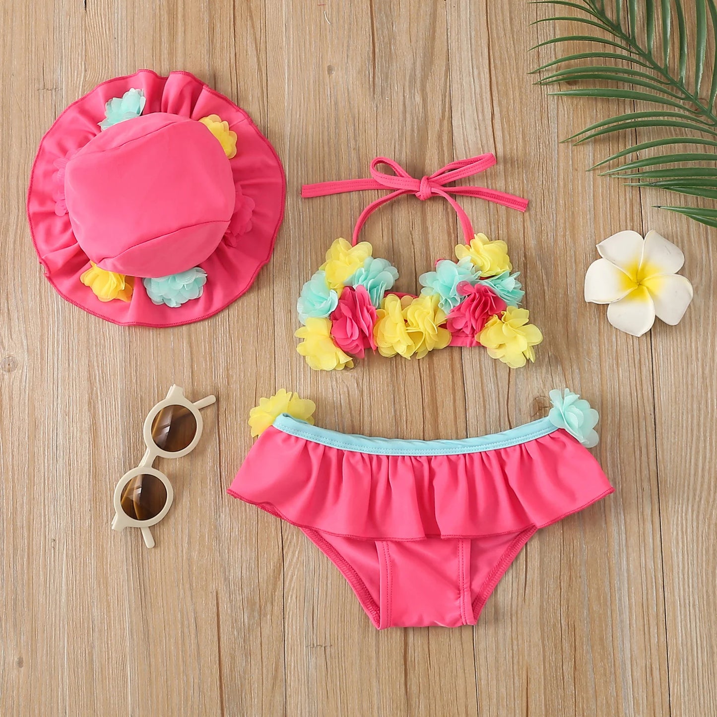 0-24M Summer Baby Girls Bikini Set - 3pcs Flowers Strap Sleeveless Vest and Shorts Sun Hat Swimsuits