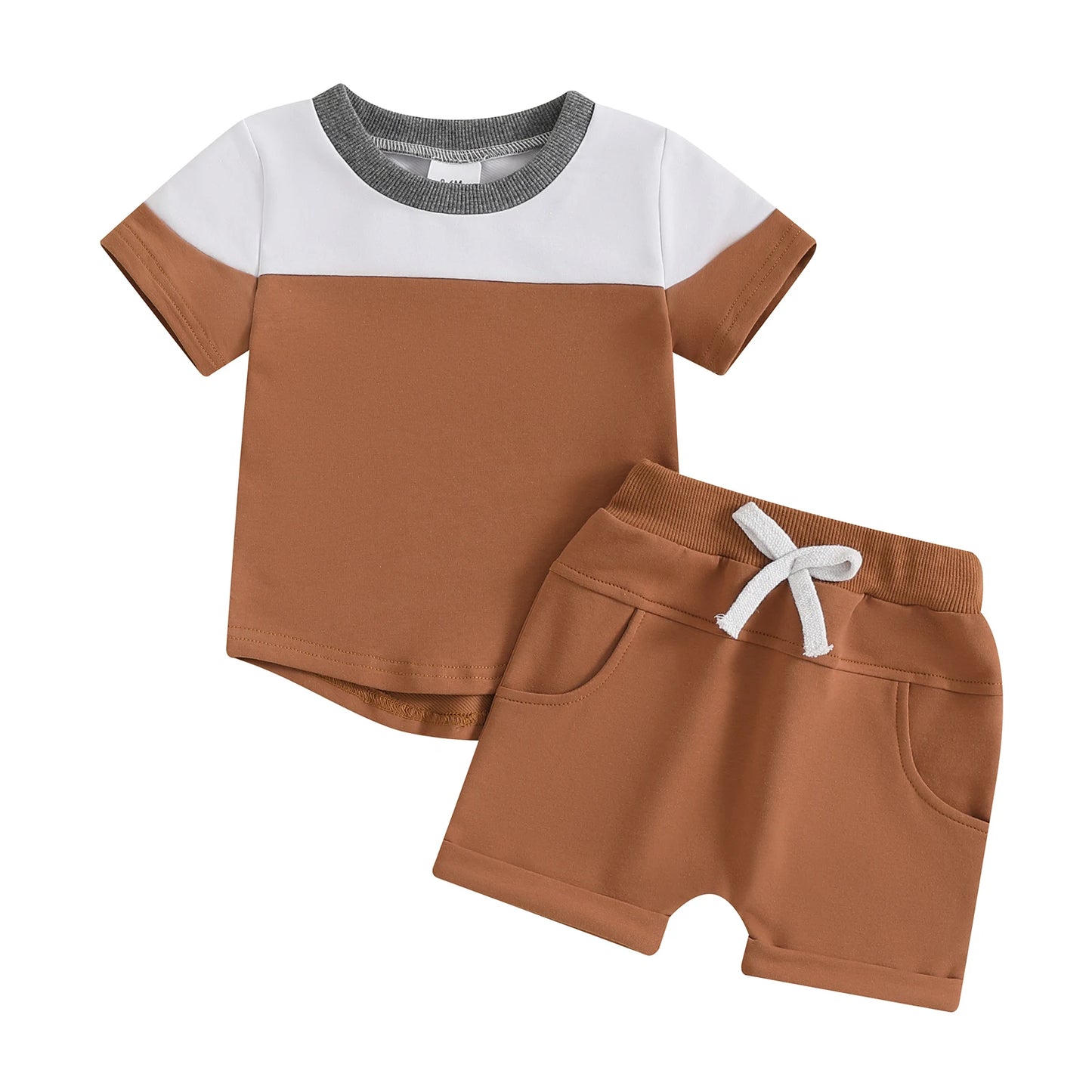 0-3Y Toddler Baby Boys Casual Clothes Set Contrast Colour Round Neck Short Sleeve Tops Pockets Shorts