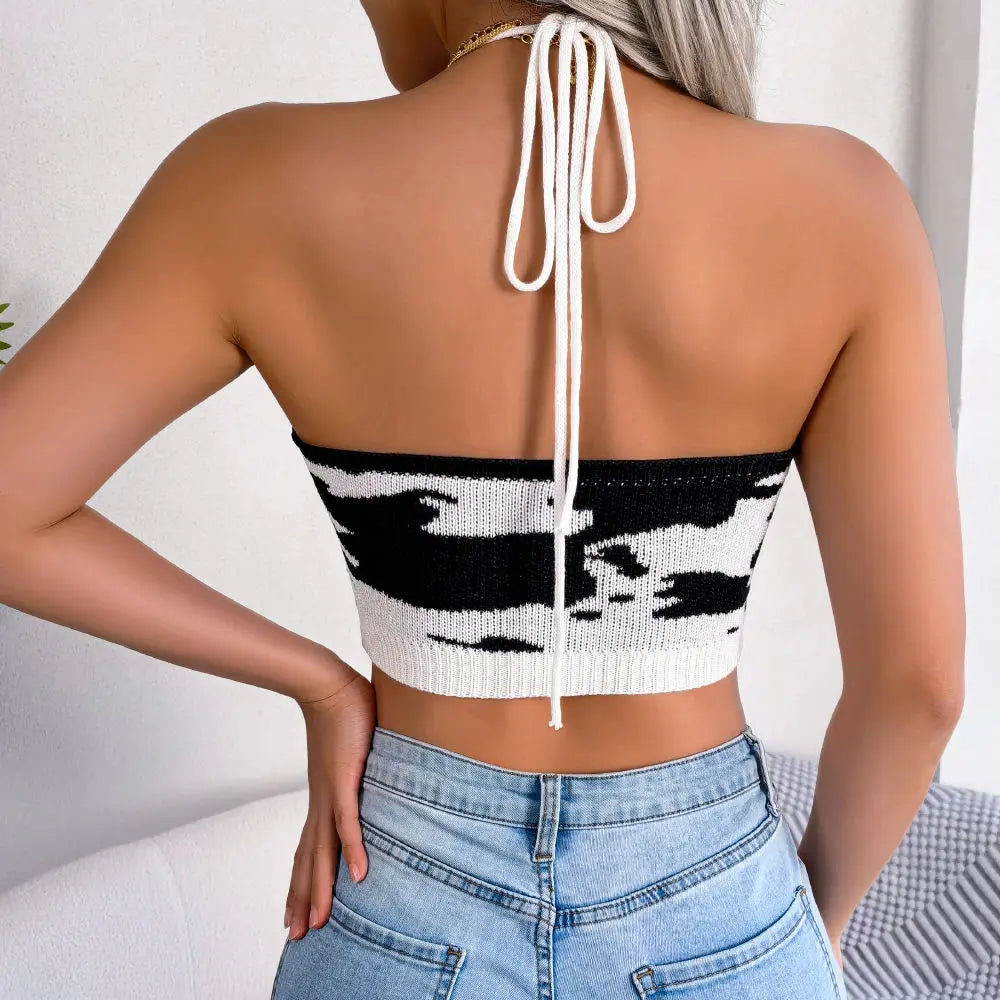 Women's Spring Summer  Halter Cow Pattern Waist Strap Open Navel Knit Tank Top