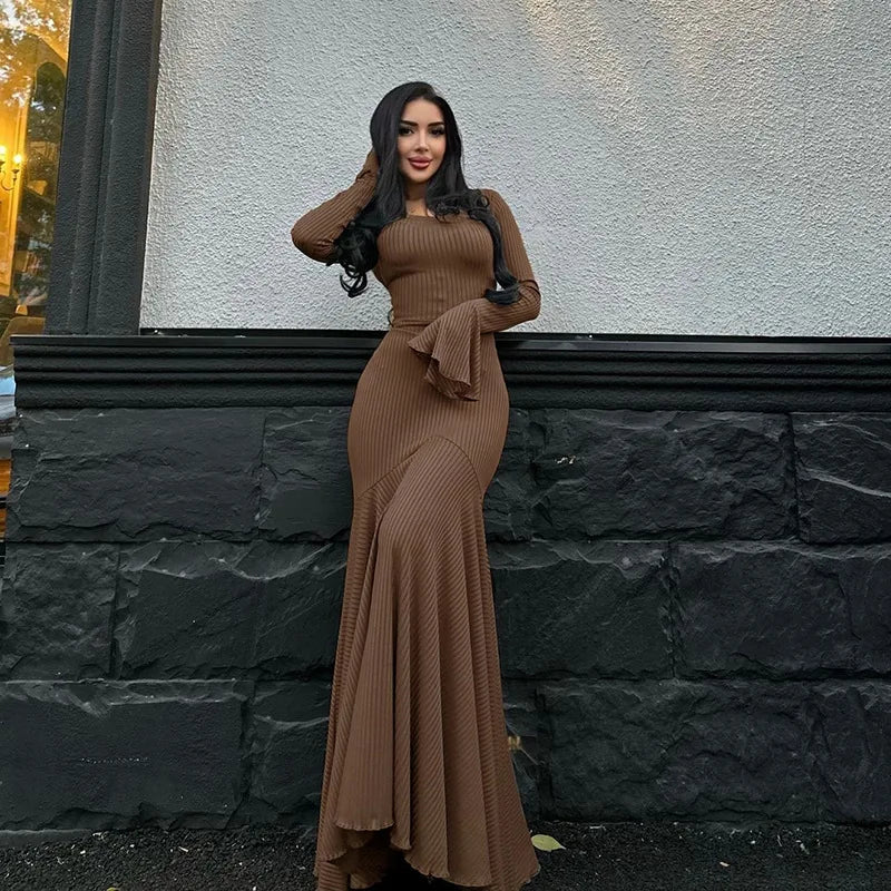 Women's Bandage Long Sleeve Casual Outfits Elegant Frill Ribbed Maxi Dress