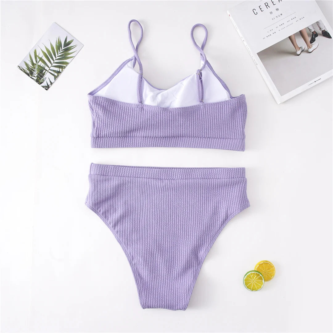 Ribbed Bikini Set - High Waist Two Piece Swimsuit